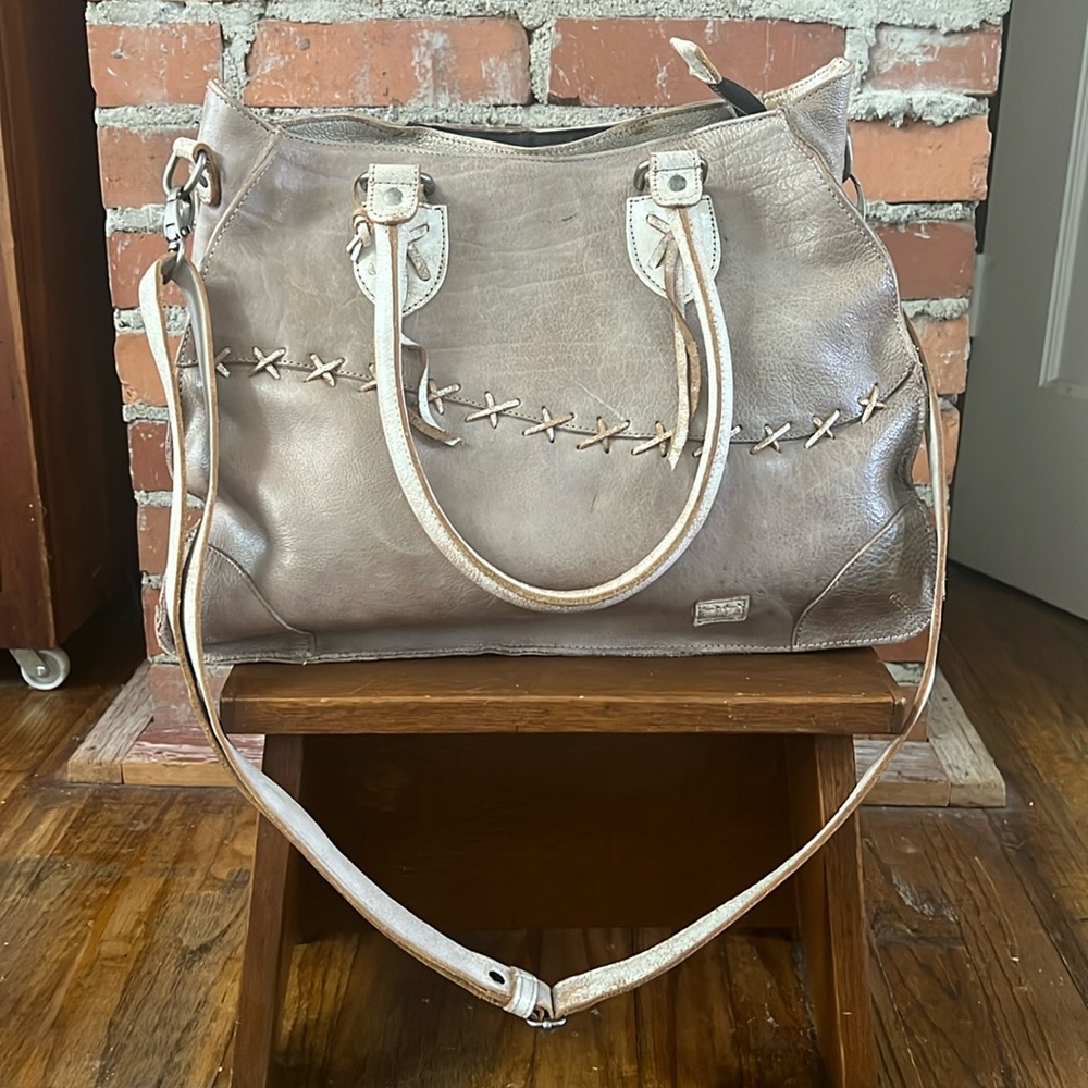 Bed Stu metallic taupe leather satchel with cream trim